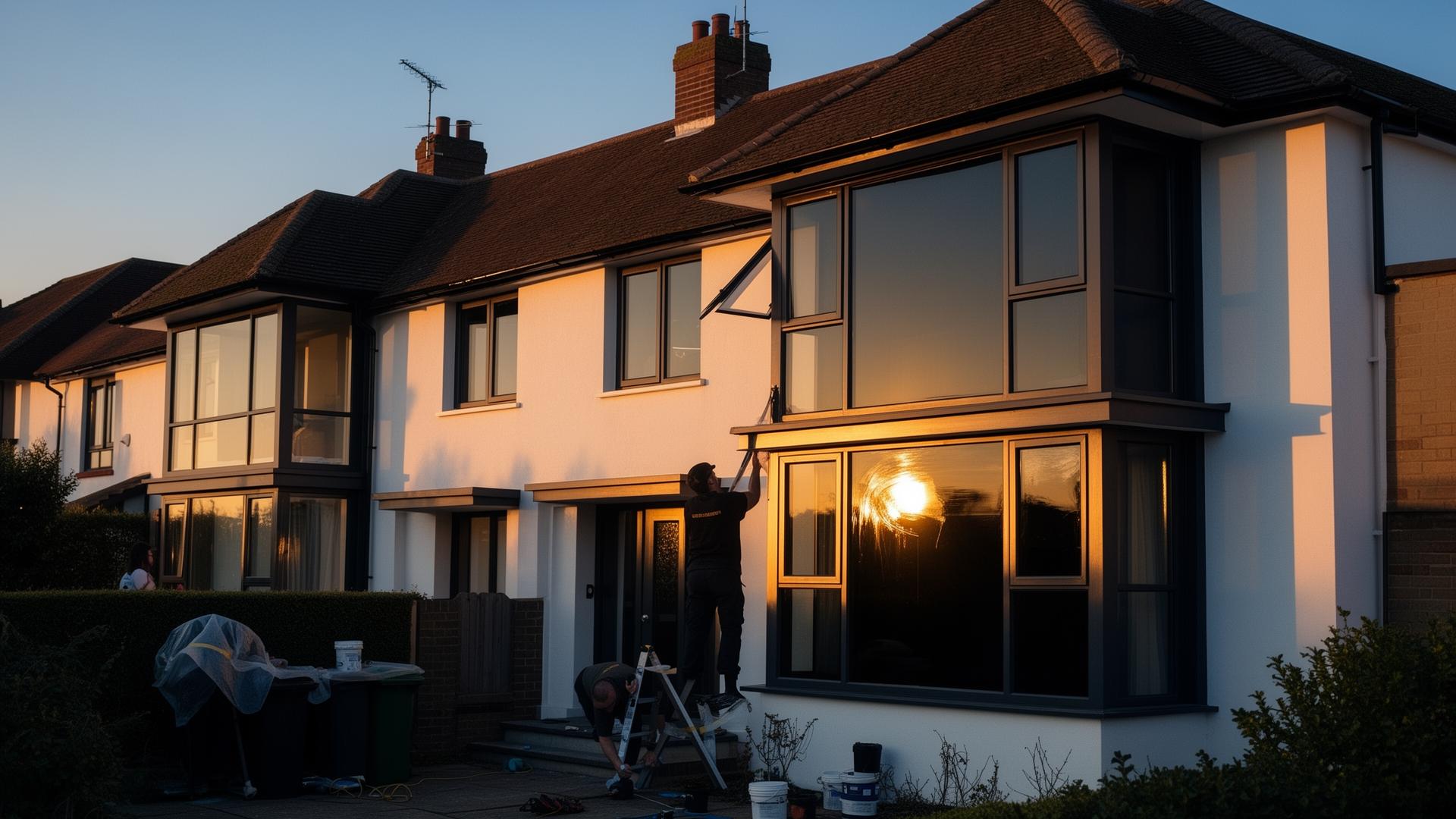 Specialist fitting window tint to a UK home at golden hour